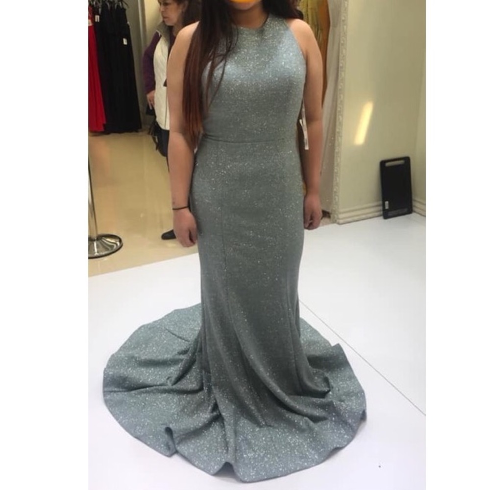 Jovani Cross Back Glitter Jersey Prom Dress